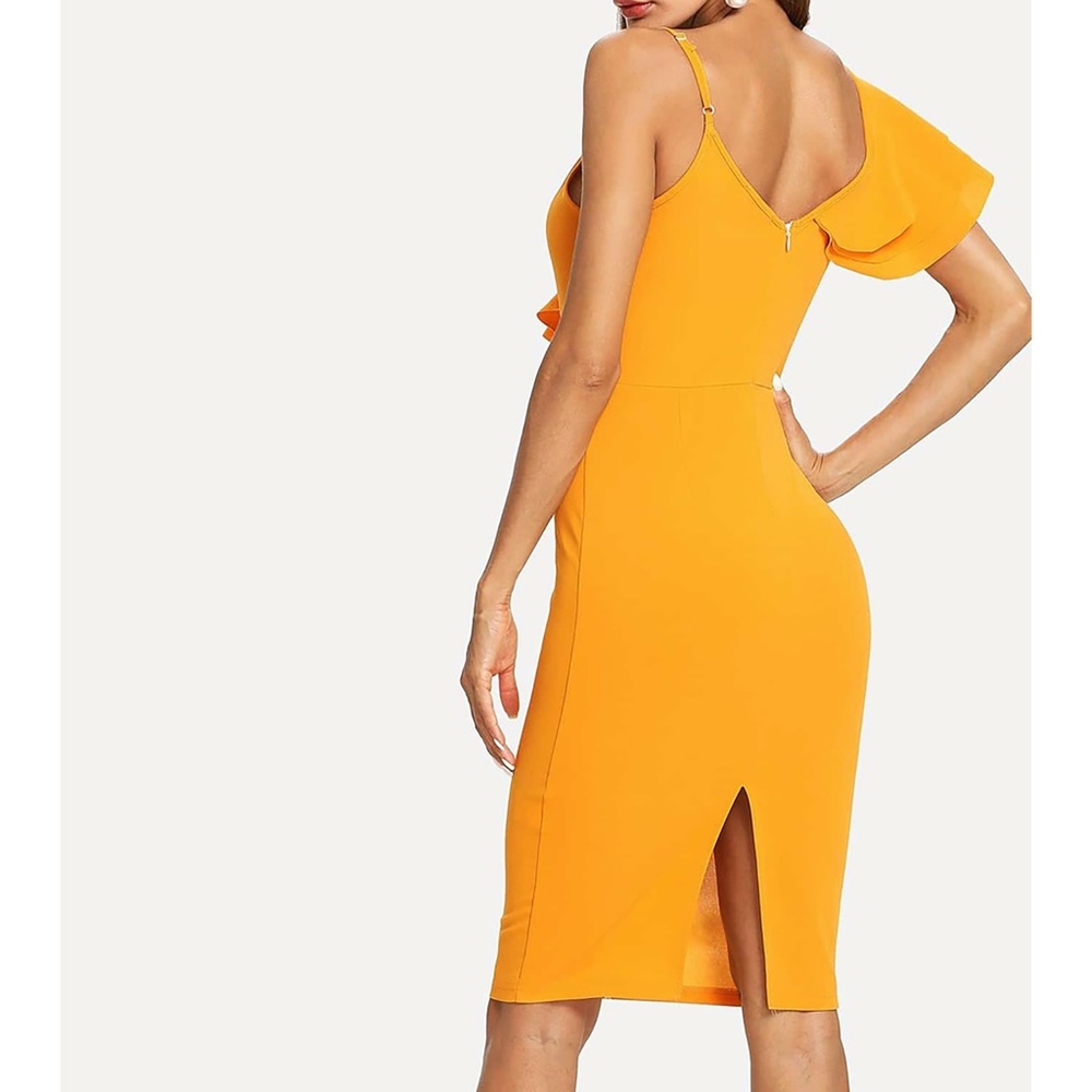 Yellow Ruffle Sleeve Bodycon Pencil Midi Dress - Picture 3 of 7